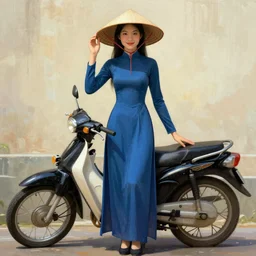 a tall thin beautiful vietnamese girl in an ao dai dress and a conical hat standing in front of a motorcycle in the style of Frank frazetta