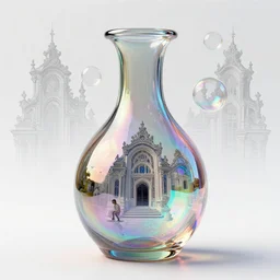 unfinished klein bottle sculptural, chroma iridescence, colors, glassy, reflective and refractive, soap bubbles floating, baroque architecture point clouds, person sitting