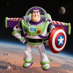 a photorealistic photograph of a knitted Buzz Lightyear as Captain America flying through outer space, Mars in distance featuring shield Trending on Artstation, featured on Behance, well-rendered, Unreal Engine, 4K HD
