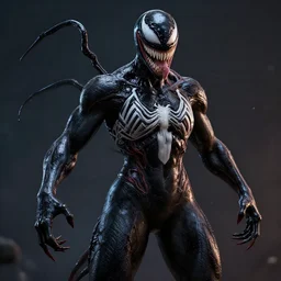 full body pose, hyperrealistic photograph of female venom, dim volumetric lighting, 8 k, octane beautifully detailed render, extremely hyper detailed, intricate, epic composition, cinematic lighting, masterpiece, trending on artstation, very very detailed, stunning, hdr, smooth, sharp focus, high resolution, award, winning photo, dslr, 5 0 mm