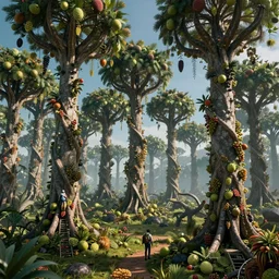 the inhabitants of the planet pandora are harvesting. strange but delicious fruits. fantasy trees rounded in zigzags. clear details.