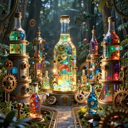 a supercomputer forest made of colorful glass steampunk gears and bottles, octane render, internally glowing