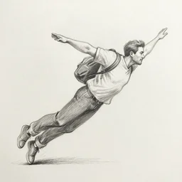 a drawn man want flying. pencil sketch.