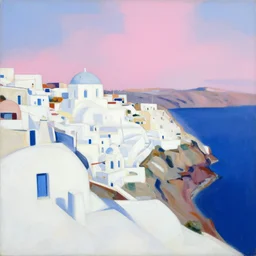 abstract landscape painting of seaside town santorini, white, blue, pink, by david bomberg, borgeaud, marius borgeaud, sonia delaunay, albert marquet, richard diebenkorn, ilse d'hollander, etel adnan