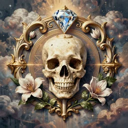 beautiful classical holy decorative ornament, ceremonial skull, sacred diamond, acanthus scrolls, lilies, ivy, anatomy, energy, geometry, magnolia, bones, petals, stems, ceremonial clouds, dripping paint, fibonacci rhythm, artstation, art germ, wlop