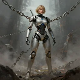 Dolores Abernathy breaking free of the chains of humanity, robot revolution, apocalypse, highly detailed, digital painting, artstation, cgscoiety, cinematic, full body portrait, concept art, 8K, art by Mark Robert Taylor.