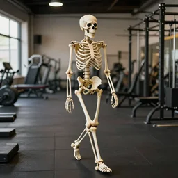 a skeleton walking around a gym, realistic phone photo.