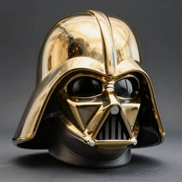 a photo of a chrome gold darth vader helmet very detailed