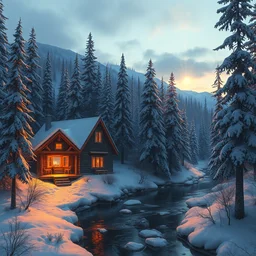 snowy cozy home by a small river in a forrest in canadian mountains in the evening sun, by philippe gare, artstation, greg rutkowski