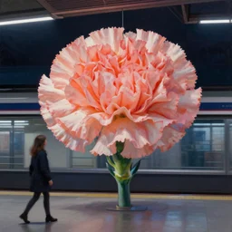 giant carnation flower head, woman in metro station, surreal photography, dramatic light, impressionist painting, digital painting, artstation, simon stalenhag