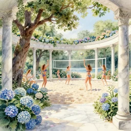 delicate marble garden on jupiter's moon, beach volleyball babes, botanic watercolors, iridescent, 8 k wide angle, realistic shaded, fine details, artstation, italian, colonnade, oak tree, hydrangea, gardena architecture, party atmosphere