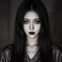 portrait of gorgeous japanese goth girl, beautiful face, strong line, muted colors, shimmering clothing, moody lighting, high contrast, by brom, by john anster fitzgerald, by junji ito