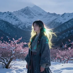 bird alchemist girl in the flowering snowy mountains. complementary colors, indie concept art, luminescent, 4 k, chiaroscuro, backlighting.