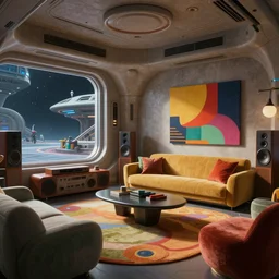 very detailed interior of alien futuristic spaceship with colorful high resolution textures, futuristic midcentury furnishings, hi fi stereo with speakers, bold modern art, space age bachelor pad, raytracing, raymarching, subsurface scattering, still from new scifi movie by lucasfilm, by arthur haas and stefan morrell, weta digital