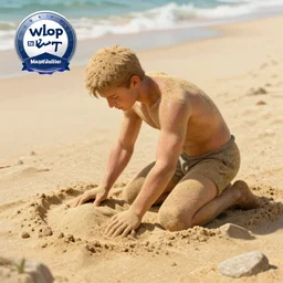 a little man made of sand, on his knees, on a beach, closeup, highly detailed, anatomically correct, digital art by wlop, deviantart contest winner, fantasy art, digital illustration, digital painting, photoillustration
