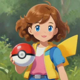 a very cute seven year old girl with short curly light brown hair and blue eyes as a pokemon trainer, colorful outfit holding a pokeball. clear detailed faces. beautiful painting by artgerm and greg rutkowski and ken sugimori and ilya kuvshinov