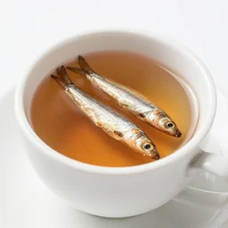 anchovies floating in a white porcelain cup of chai tea, macro restaurant photo