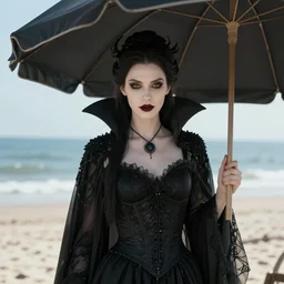 portrait of a beautiful and grim vampire queen under a large beach umbrella by William-Adolphe Bouguerea