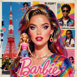 a woman as a barbie doll in tokyo, mixed media collage by basquiat and jackson pollock, maximalist magazine collage art, retro psychedelic illustration