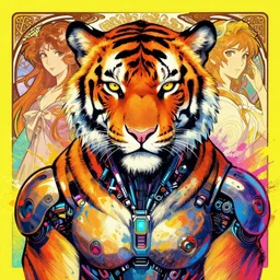 cyberpunk tiger pisces cyborg portrait illustration, pop art, splash painting, art by geof darrow, ashley wood, alphonse mucha, makoto shinkai