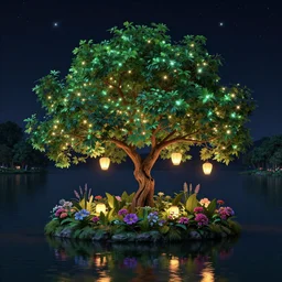 tree, overgrown, small island, lake, flowers, lanterns, dark, night, stars, illuminated, glitter, vibrant, hd, 4 k, detailed, digital art, octane render, trending on artstation