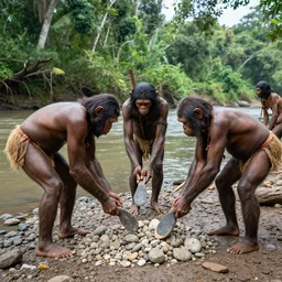 homo - erectus, apeman, caveman, prehistoric people, asemble at the river bank, make stone adze from pebble at the river bank in the rainforest