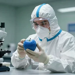 a man wearing a hazmat suit studying a blue apple, film still, 8k, enhanced