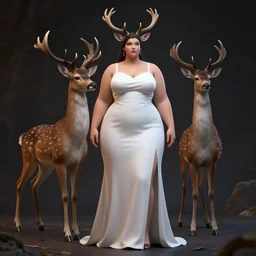 photo realistic image of a, tall, slightly fat, sexy, anthropomorphic deer female, in a long white dress, stunning 3 d render inspired art by istvan sandorfi and greg rutkowski,, highly detailed attributes and atmosphere, dim volumetric cinematic lighting,