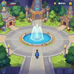 third person view of a open plaza area on a spaceship with a water feature in the middle, from a space themed point and click 2 d graphic adventure game, art inspired by thomas kinkade