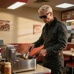 The Terminator using a deep fryer in a fast food restaurant