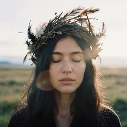 An analog head and shoulder frontal face portrait photography of a woman wearing a intricate twig and feathers crown by Flora Borsi and Annie Leibovitz. Long black hair. eyes closed. Kodak Color Plus 800 film. Icelandic mood. detailed. hq. realistic. warm light. muted colors. lens flare. Glare and bloom. photoreal. Medium format photography. Golden hour. Leica M9.