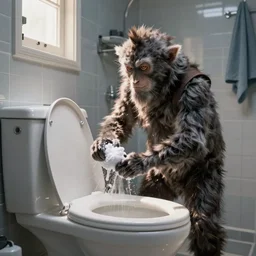 a goon named HurfDurf scrubbing a toilet, photo realistic, bathroom lighting