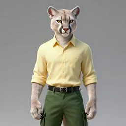 anthropomorphic albino mountain lion fursona wearing a pale - yellow button - down shirt and olice - green slacks, highly detailed, artgerm style, artstation, soft light, sharp focus, illustration, character design, concept art