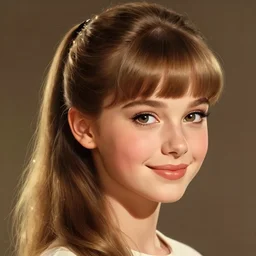 portrait of teenage lili reinhart with bangs, smiling kindly, bangs, 1 9 6 0 s, ponytail, bangs and ponytail, intricate, elegant, glowing lights, highly detailed, digital painting, artstation, concept art, smooth, sharp focus, illustration, art by wlop, mars ravelo and greg rutkowski