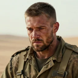 portrait of muscular, tired and alcoholic 3 0 - year - old grieving man with short darkblonde hair, serious sad look in his eyes, looking down, dirty beard, blue eyes, crying tears, wearing dirty soldier uniform, on the desert, sad atmosphere, hyper realistic face, character art, art by mark brooks, cryengine, trending on artstation, digital art