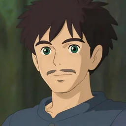 middle aged handsome man with short dark curly hair and slight mustache, studio ghibli, anime, masterpiece of japanese illustration, green eyes, confident look