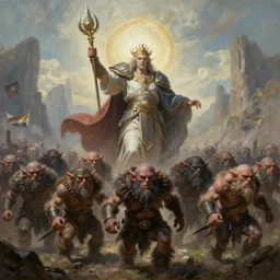 painting of heavenly warrior leading an army of goblins, hyper - realistic, unreal engine, octane render, digital art, trending on artstation, 8 k, detailed, atmospheric, immaculate