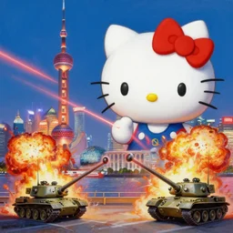 ultradetailed oil painting of a hello kitty shooting lasers at shanghai, hello kitty overthrows the chinese communist party, tanks explode, explosion