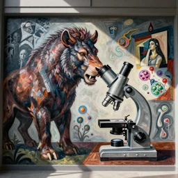 a mural of a Minotaur looking into a microscope with cells research Picasso guernica