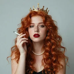 portrait of a woman with voluminous red hair, wearing a simple crown and a pearl necklace, smoking a cigarette.