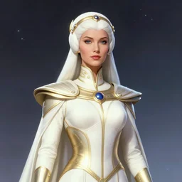 portrait of the powerful empress of the solar system in the style of ralph mcquarrie and in the style of ralph steadman. glowing, ornate and intricate linework, stunning, dynamic lighting, ultrafine and hyperdetailed.