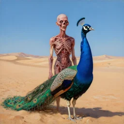 peacock in the desert, hyper - realistic oil painting, body horror, biopunk, by ralph steadman, francis bacon, hunter s thompson