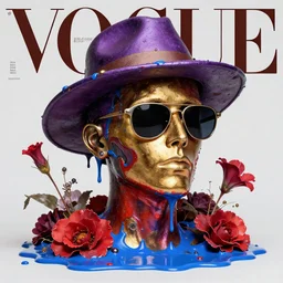 a head made out of melting metal, it is of violet and golden and red color, it is wearing sunglasses and a hat, there are flowers all around it, blue paint melting, vogue cover style, greg rutkowski style, demonic style, artgerm style