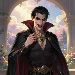 Portrait of a vampire in a beautiful haunting world, horror, intricate, elegant, fantasy, highly detailed, digital painting, concept art, sharp focus, illustration, beautiful volumetric lighting, epic light, artstation, magic hour lighting, colorful, sunshine, springtime, art by Sylvain Sarrailh