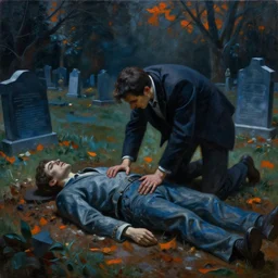 one man in a cemetery digging up a dead body, by nicola samori, painting, 8 k, high detail, blue, orange, and dark green tones, high quality, sad feeling, high detail, dark colors, sinister atmosphere, dramatic lighting, cinematic, establishing shot, extremely high detail, photo realistic, cinematic lighting