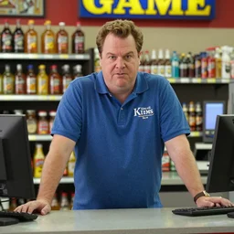 bobby hill from king of the hill working behind the counter of a game stop, movie still, from the new clerks movie, 8 k, hd