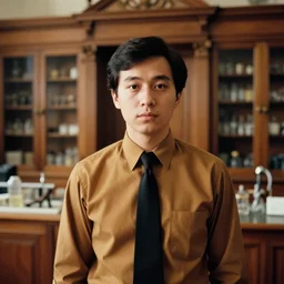 realistic photo portrait of the person, brown mustard shirt, formal suit, black tie,, wooden polished and fancy expensive wooden laboratory hall interior 1 9 9 0, life magazine reportage photo