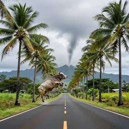 a road in hawai with palm trees on the sides and tornado lifting cows in air in the background