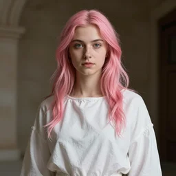 portrait of a young pagan woman, dressed in white, and with pink hair, by donato giancola.