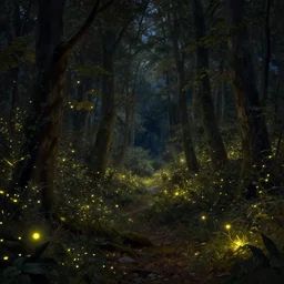 an enchanted forest full of fireflies, night, warm light, by albert bierstadt